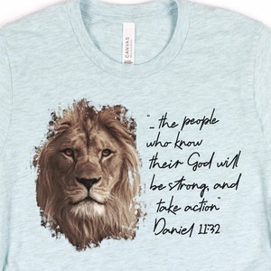 Camiseta de Daniel 11:32, camiseta con versículo bíblico de cabeza de león, camisetas cristianas, regalos cristianos para ella, para él, camiseta conservadora