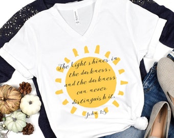 The Light Shines In The Darkness And The Darkness Can Never Distinguish It, John 1:5 Christian Bible Verse V-Neck T-Shirt, Sunshine Gifts