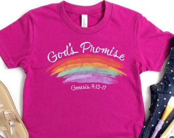 Guds löfte kristen regnbågsfärgad kortärmad t-shirt för barn, Genesis 9:13-17 bibelvers-tröja för barn