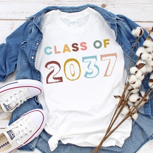 Class of 2037 Shirt with Grade Levels on Back for Handprints, Grow With Me Graduation Year Shirt