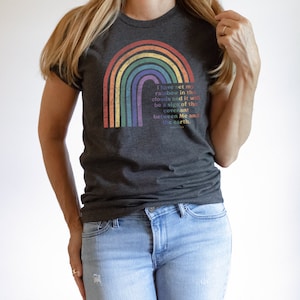 Pu&ograve; includere: Una maglietta grigio scuro con un arcobaleno grafico e il testo "Ho posto il mio arcobaleno nelle nuvole e sar&agrave; un segno del patto tra Me e la terra."