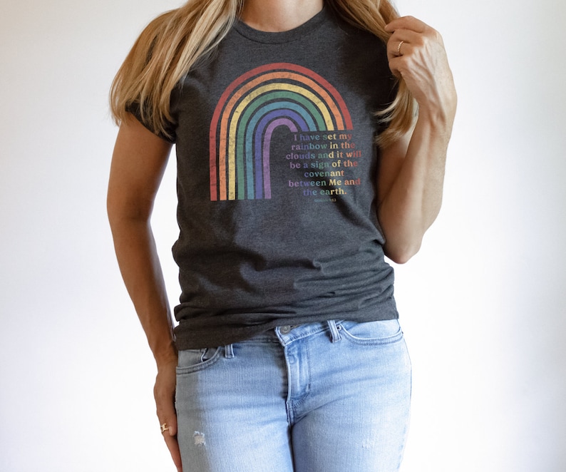 Pu&ograve; includere: Una maglietta grigio scuro con un arcobaleno grafico e il testo "Ho posto il mio arcobaleno nelle nuvole e sar&agrave; un segno del patto tra Me e la terra."