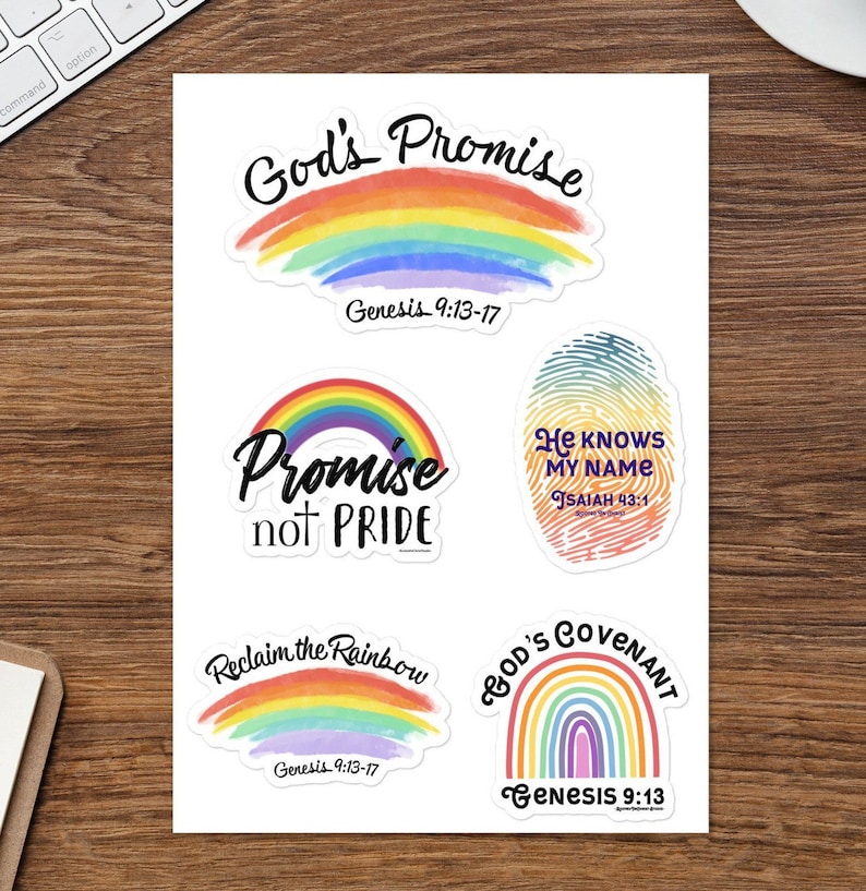 May include: A collection of colorful stickers with rainbow designs and inspirational text. The stickers include phrases like "God's Promise," "Promise not Pride," and "He Knows My Name." Each sticker features a unique design and scripture reference.