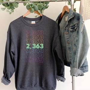 以下が含まれることがあります： 虹色のグラフィックで「2,363」という数字が積み重ねられたパターンで繰り返されている、濃いグレーのスウェットシャツです。