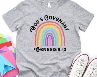 God’s Covenant Genesis 9:13 Youth Short Sleeve T-Shirt, Christian Rainbow Shirt for Kids