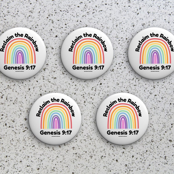 Set di 5 pulsanti Pin Reclaim the Rainbow 1.25", Pulsanti Genesis 9:17, Pulsanti Christian Rainbow Pin