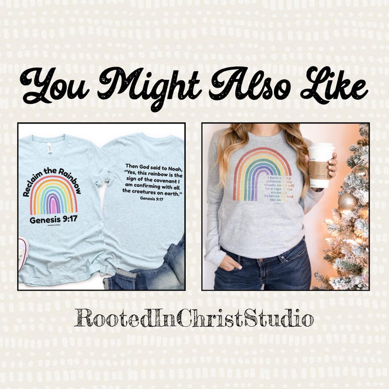 Pu&ograve; includere: Due magliette con disegni di arcobaleno e versetti biblici. La prima maglietta &egrave; azzurra con un arcobaleno e il testo "Reclaim the Rainbow Genesis 9:17". La seconda maglietta &egrave; grigio chiaro con un arcobaleno e il testo "Then God said to Noah, "Yes, this rainbow is the sign of the covenant I am confirming with all the creatures on earth." Genesis 9:17"