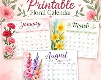 2027 Printable Floral Calendar – Watercolor Flower Monthly Planner & Instant Download Desk PDF