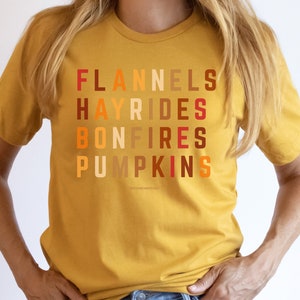 Fall Shirt: Flannels, Hayrides, Bonfires, Pumpkins - Boho Rainbow Font