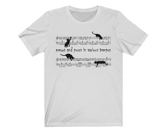 Purrs and Meows In Various Tempos - Music Cat T-Shirt, Pet Graphic Design Tee, Unique Musical Kitty Top, Feline Lover Fun Apparel