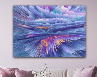 May include: Abstract art print with a blue, purple, and orange color scheme. The artwork features a swirling, layered design with a sense of depth and movement.