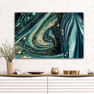 Puede incluir: Impresi&oacute;n de arte abstracto con patrones azules y verdes en espiral y acentos de purpurina dorada.