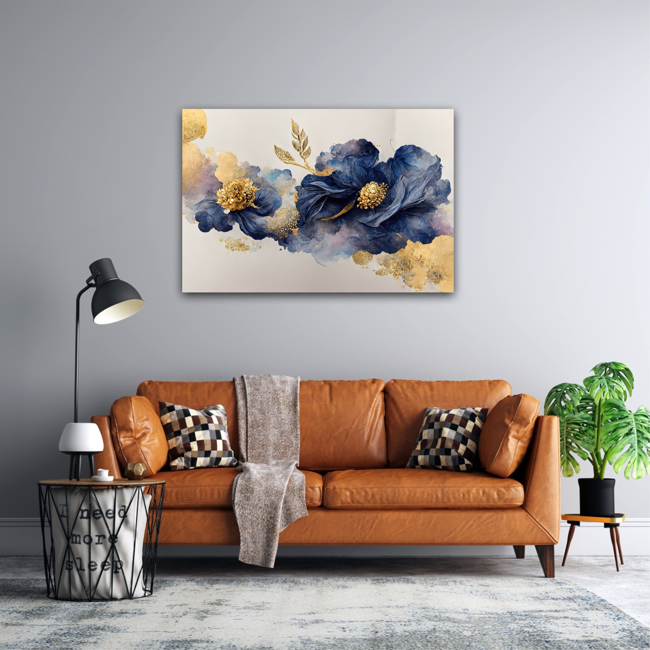 Abstract Blue and Gold Flower Wall Art, 3D Blue&gold Flower Canvas ...