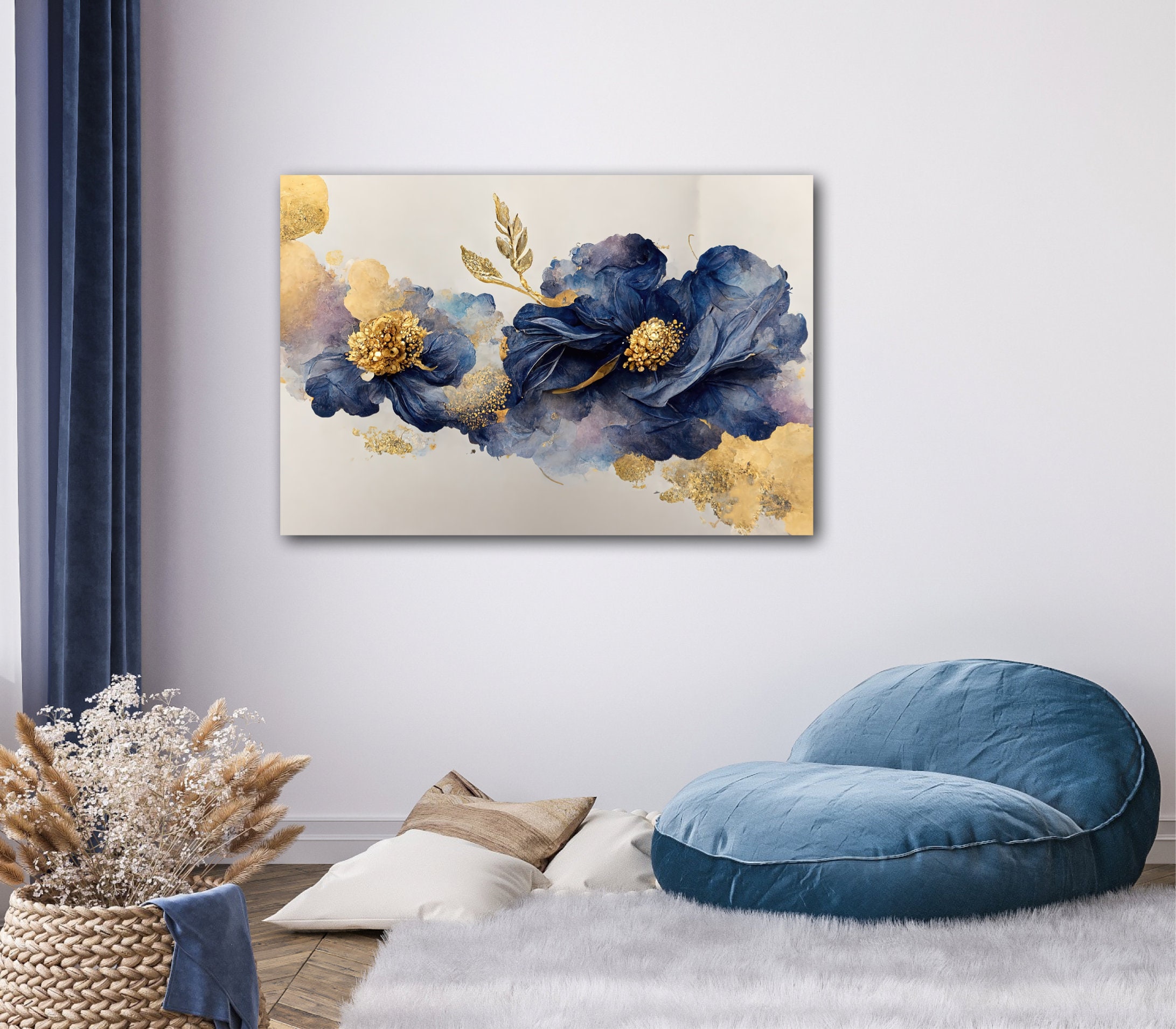 Abstract Blue and Gold Flower Wall Art, 3D Blue&gold Flower Canvas
