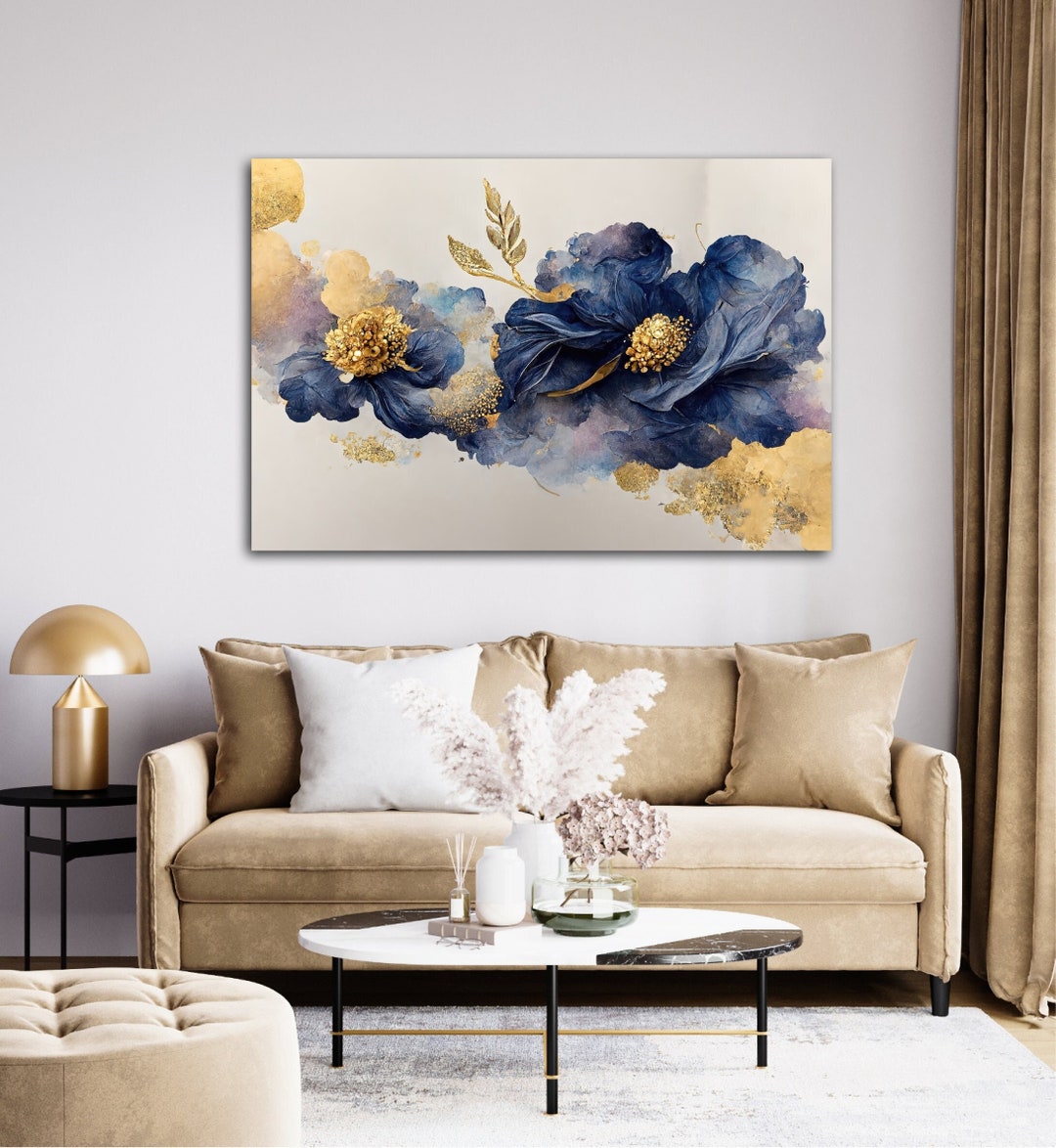Abstract Blue and Gold Flower Wall Art, 3D Blue&gold Flower Canvas