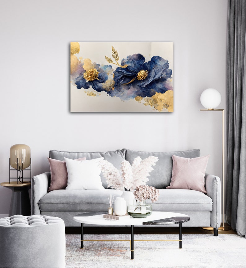 Abstract Blue and Gold Flower Wall Art, 3D Blue&gold Flower Canvas