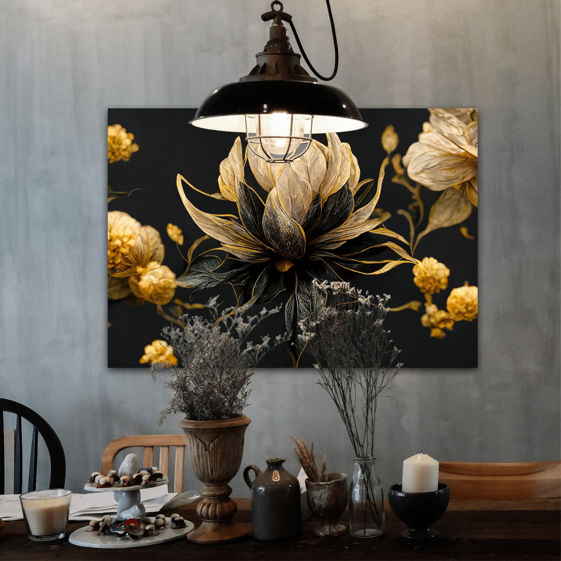 Abstract Black Beige and Gold Flower Wall Art, 3D Flower Canvas, Mother