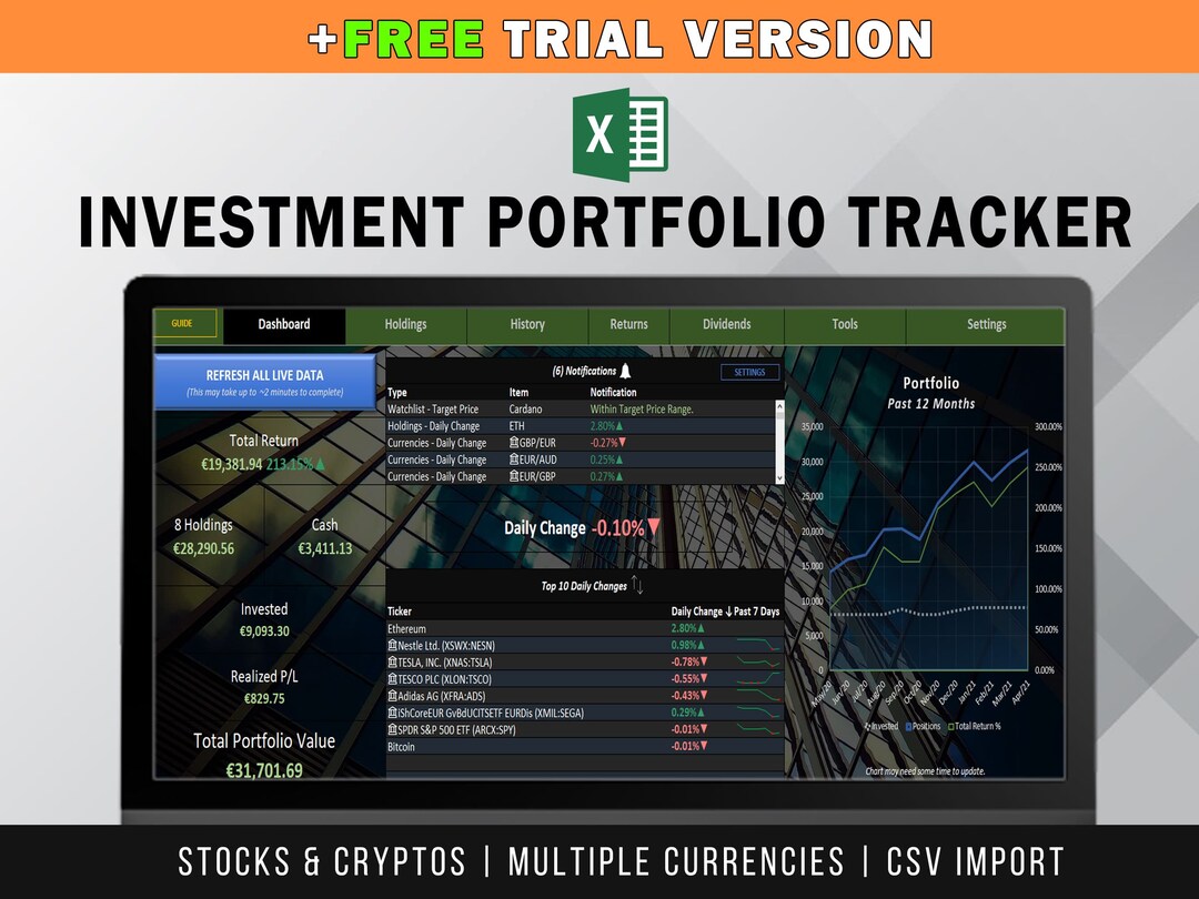 PORTFOLIO TRACKER Excel Template Spreadsheet Stocks, Cryptocurrencies