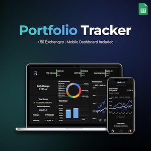 Op de afbeelding: Een digitale portfoliotracker weergegeven op een laptopscherm en een smartphone. De interface in donkere modus toont financiële gegevens, een cirkeldiagram, staafdiagrammen en lijngrafieken. Tekst bevat Portfolio Tracker, +50 Exchanges, Mobile Dashboard.