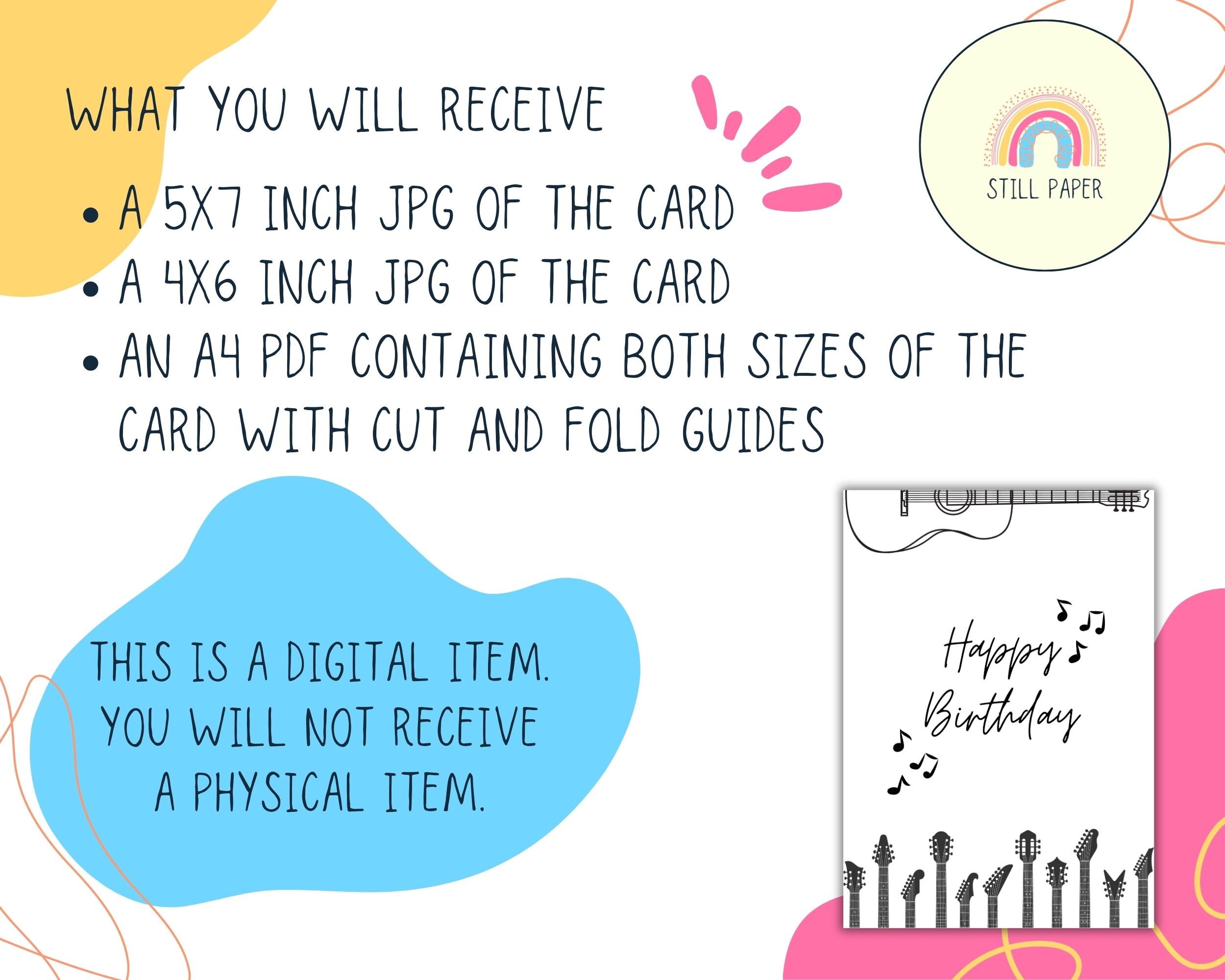 Printable Guitar Birthday Card PDF JPG Digital Download Print at Home ...