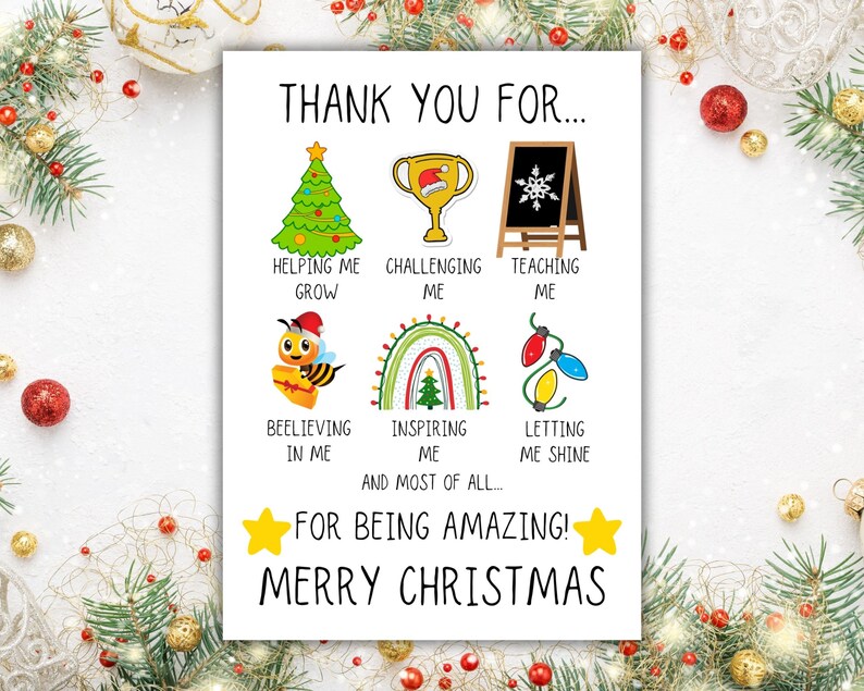 Printable Teachers Thank You Christmas Card PDF JPG Digital Download ...