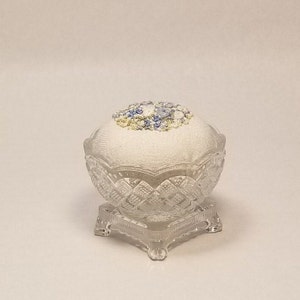Elegant Embroidered Pincushion in Avon Fostoria Glass