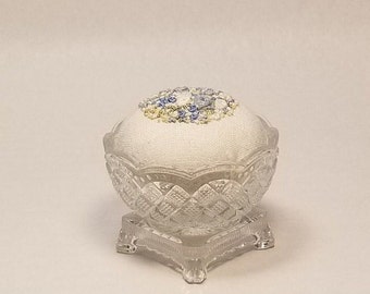 Elegant Embroidered Pincushion in Avon Fostoria Glass