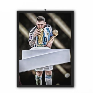 Lionel Messi Kiss World Cup | Portrait Painting Digital Print | Campeón del mundo Qatar 2022 World Champions Argentina Photo Art | A3 A4 A5
