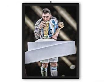 Lionel Messi beso Copa del Mundo / Pintura de retratos Impresión digital / Campeón del mundo Qatar 2022 Campeones del mundo Argentina Photo Art / A3 A4 A5