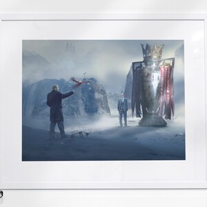 May include: A digital illustration of a man in a suit standing in a snowy landscape, looking at a large trophy with a red bird flying towards him.