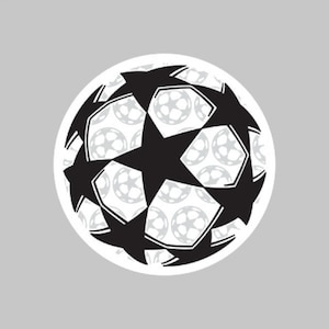 May include: Black and white illustration of a football with five stars. The ball is surrounded by a white circle.