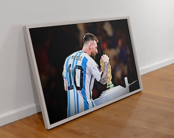 Lionel Messi Lifts World Cup | Landscape Painting Digital Print | Campeón del mundo Qatar 2022 World Cup Messi Argentina Champion Photo Art