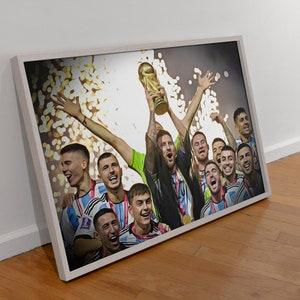 Lionel Messi & Argentina Lift World Cup | Landscape Painting Digital Print | Campeón del mundo Qatar 2022 World Cup Champion Photo Art