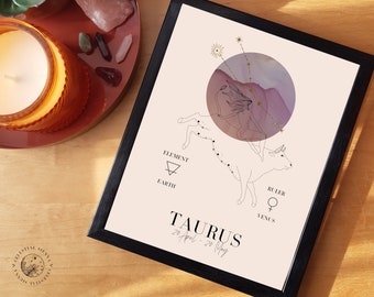 Taurus zodiac star sign printable download | Zodiac gift | Gift for her | April May birthday | Astrology wall art | Boho decor