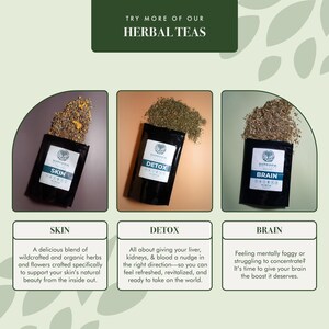 May include: Three bags of herbal tea blends, labelled "Skin", "Detox", and "Brain". Each bag contains a variety of dried herbs and flowers. The bags are on a light brown background.