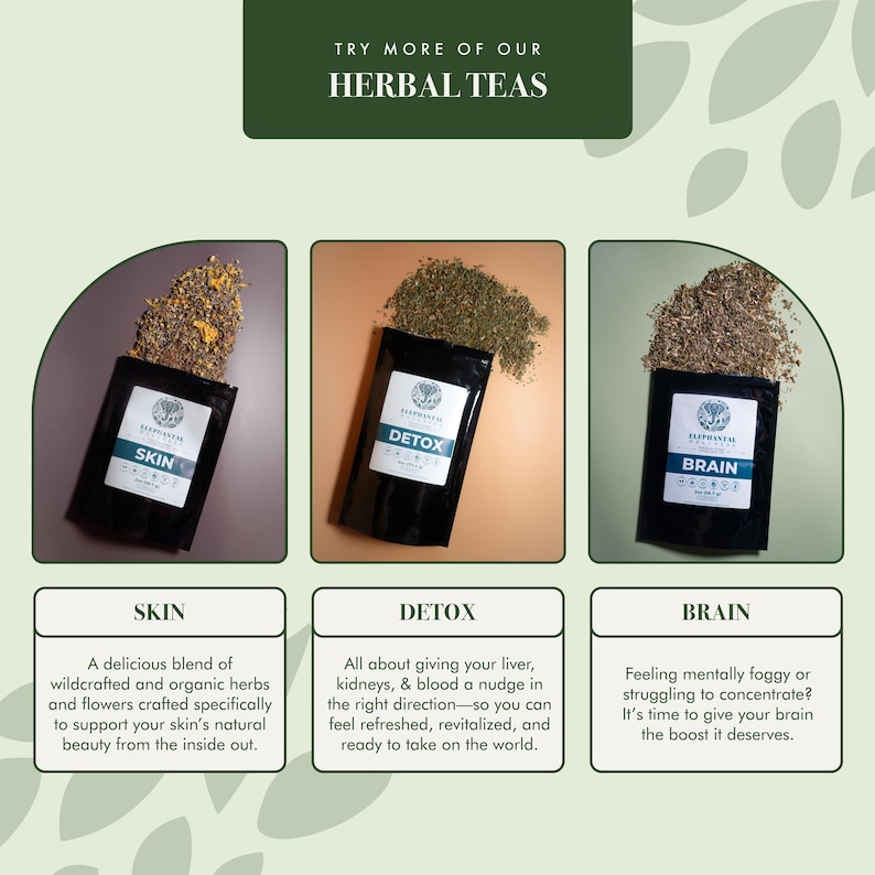 May include: Three bags of herbal tea blends, labelled "Skin", "Detox", and "Brain". Each bag contains a variety of dried herbs and flowers. The bags are on a light brown background.