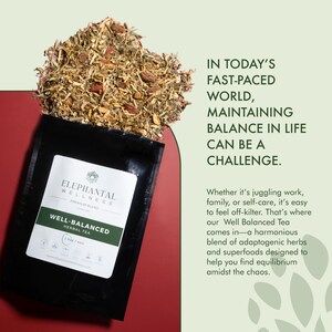 May include: A black pouch with a label that reads "Elephantal Wellness Premium Blend Well-Balanced Herbal Tea" and a picture of a green leaf with a white circle around it. The pouch is filled with a blend of dried herbs and spices. The text "IN TODAY'S FAST-PACED WORLD, MAINTAINING BALANCE IN LIFE CAN BE A CHALLENGE." is written in white text on a green background.