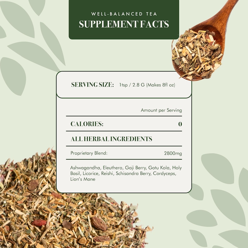 May include: A supplement facts label for a well-balanced tea blend. The label lists the serving size as 1 teaspoon or 2.8 grams, which makes 8 fluid ounces. The label also lists the ingredients, which include ashwagandha, eleuthero, goji berry, gotu kola, holy basil, licorice, reishi, schisandra berry, cordyceps, and lion's mane. The label states that the product contains 2800 milligrams of proprietary blend per serving.