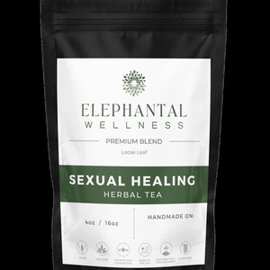 May include: A black pouch with a white label that reads "ELEPHANTAL WELLNESS PREMIUM BLEND Loose Leaf SEXUAL HEALING HERBAL TEA 4oz / 16oz HANDMADE ON:  VEGAN NON-GMO SATISFACTION GUARANTEED MADE IN THE USA WILDCRAFTED & GLUTEN-FREE ORGANIC HERBS"