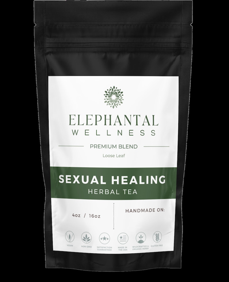 May include: A black pouch with a white label that reads "ELEPHANTAL WELLNESS PREMIUM BLEND Loose Leaf SEXUAL HEALING HERBAL TEA 4oz / 16oz HANDMADE ON:  VEGAN NON-GMO SATISFACTION GUARANTEED MADE IN THE USA WILDCRAFTED & GLUTEN-FREE ORGANIC HERBS"