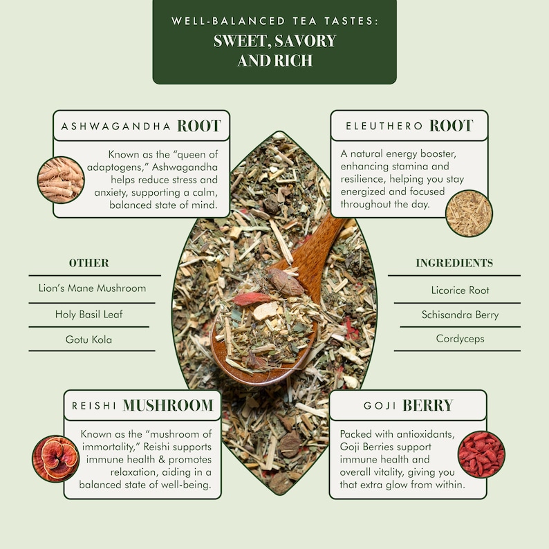 May include: A close-up image of a wooden spoon filled with various herbs and spices, including Ashwagandha root, Eleuthero root, Reishi mushroom, and Goji berry. The image is divided into sections with text describing the benefits of each ingredient. The text includes "Well-Balanced Tea Tastes: Sweet, Savory and Rich", "Ashwagandha Root", "Eleuthero Root", "Other", "Reishi Mushroom", "Goji Berry", "Ingredients", "Lion's Mane Mushroom", "Holy Basil Leaf", "Gotu Kola", "Licorice Root", "Schisandra Berry", and "Cordyceps".