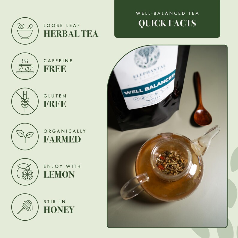 May include: A black bag of loose leaf herbal tea labelled "Well Balanced" with a picture of an elephant. The tea is caffeine free, gluten free, organically farmed, and can be enjoyed with lemon and honey.