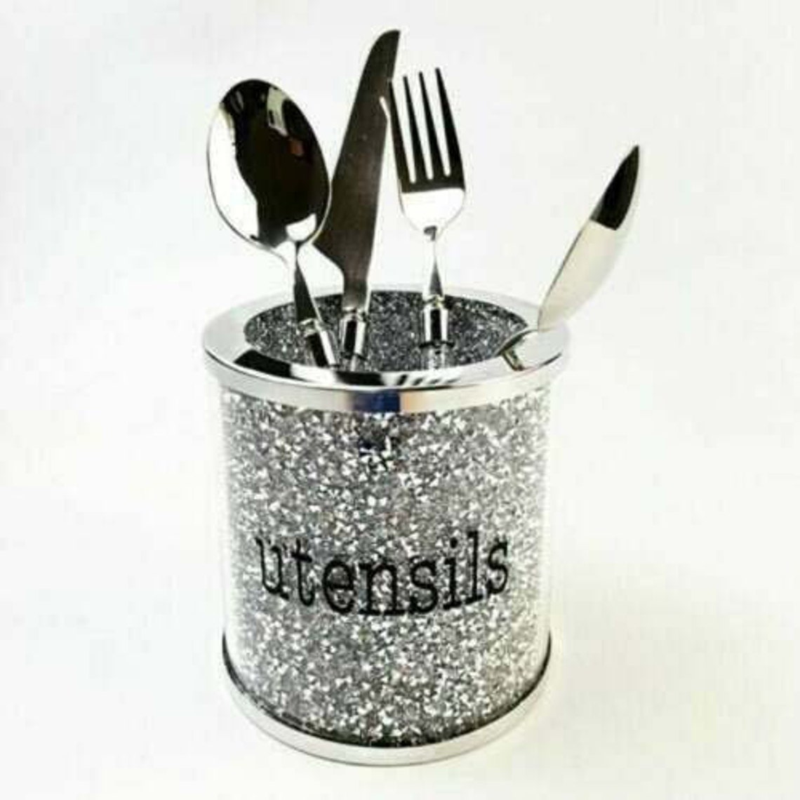 Crushed Diamond Silver Crystal Filled Utensil Holder Kitchen Etsy