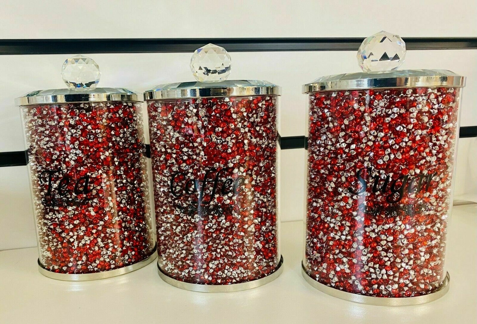 RED Crushed Diamond Crystal Filled Tea Coffee Sugar Canisters Etsy RED Crushed Diamond Crystal Filled Tea Coffee Sugar Canisters Etsy
