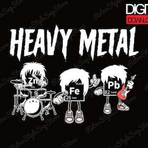 Peut inclure: Graphique noir avec l'inscription "HEAVY METAL" en police grunge. Des personnages de dessins animés représentant les éléments Zinc, Fer et Plomb forment un groupe de musique. Comprend une étiquette "TÉLÉCHARGEMENT NUMÉRIQUE".