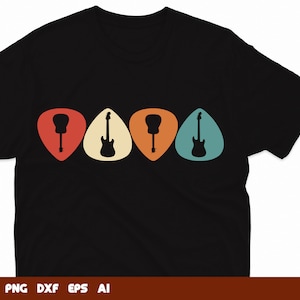 Könnte beinhalten: Ein schwarzes T-Shirt mit einer Grafik von vier Gitarrenplektrum, jedes mit einer anderen Silhouette einer Gitarre. Die Plektrum sind in einer Reihe angeordnet, mit den Farben Rot, Orange, Gelb und Blau.