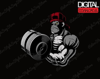 Gorilla lyftvikter PNG gym motivationsdesign, bodybuilding träningskonstverk digital nedladdning