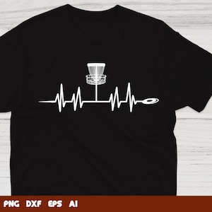 May include: Black t-shirt featuring a white graphic design. The design includes a disc golf basket, a disc, and a heartbeat line. The bottom of the shirt has the text "SVG PNG DXF EPS AI".
