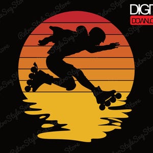 Puede incluir: Silueta negra de un patinador sobre ruedas en movimiento contra un atardecer. El atardecer presenta rayas horizontales rojas, naranjas y amarillas. Las palabras "DIGITAL DOWNLOAD" están en la esquina superior derecha.