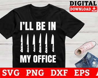 May include: Black t-shirt with white text that reads "I'll be in my office" and a row of five white knives below the text.